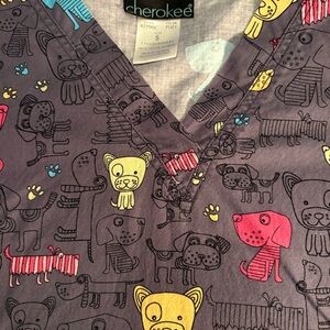 Cherokee Gray V-Neck Scrub Top with Colorful Dog Print